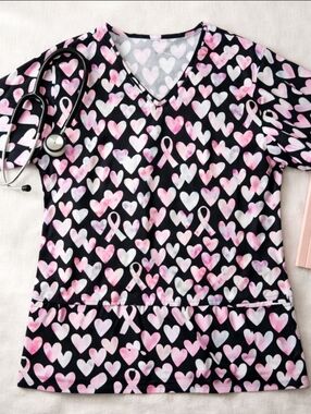 Breast Cancer Awareness Scrub Top Pink Ribbon Hearts Nurse Uniform M Oncology